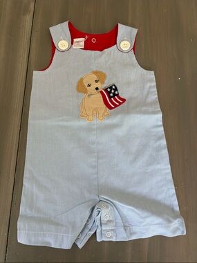 Blue Seersucker Puppy Applique Baby Romper with Red Trim